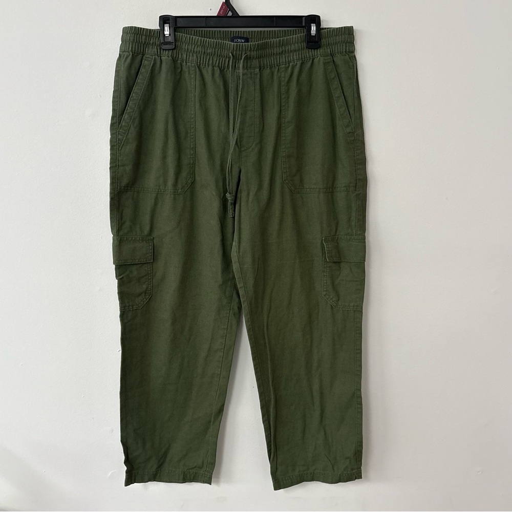 J Crew Womens Pants Sz 12‎ Olive Green Linen Blend Drawstring Pull On Pockets